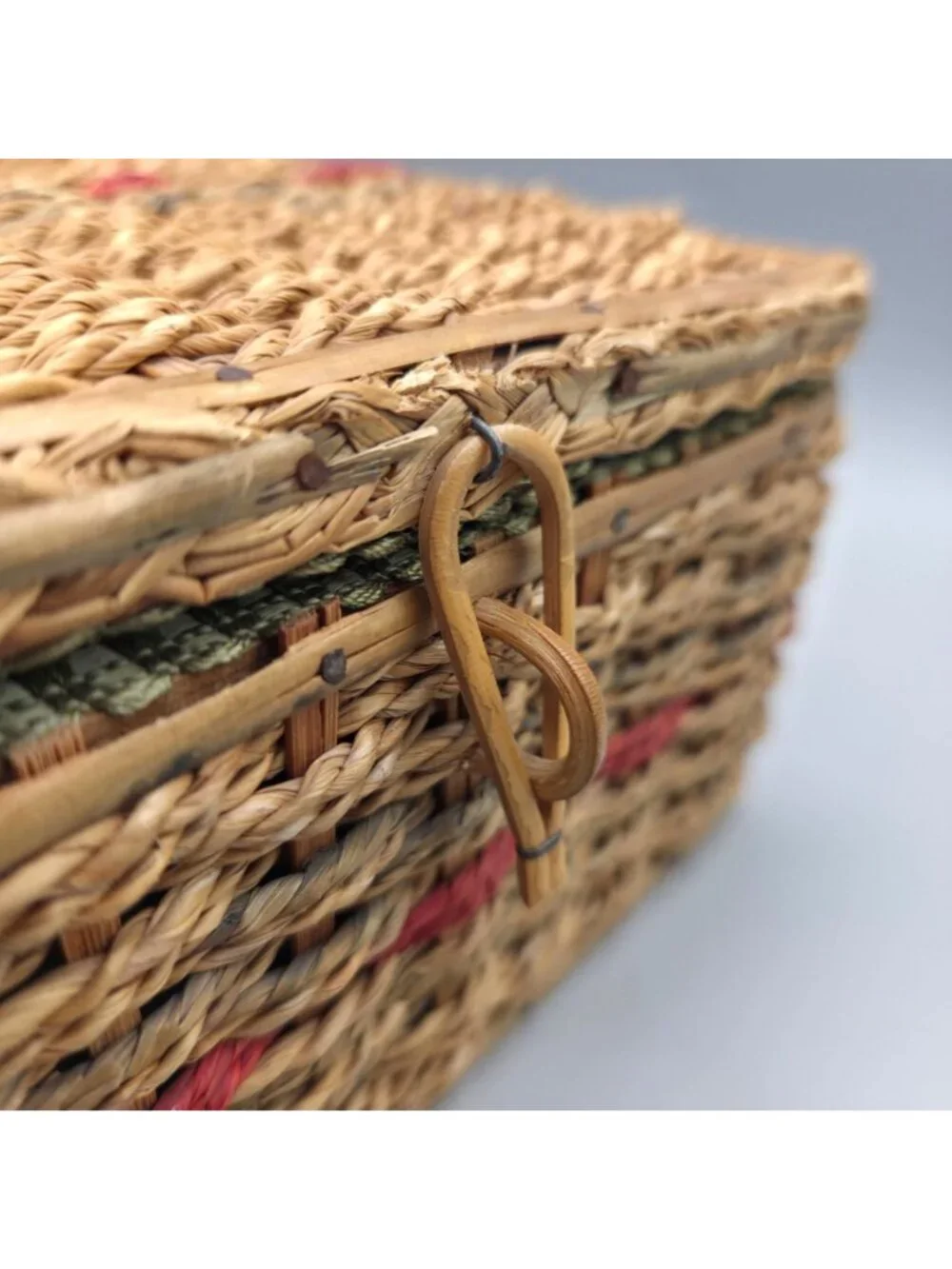 Vintage Woven Sewing Basket Hinged Lid Mid Century Green Satin Lining Cottage